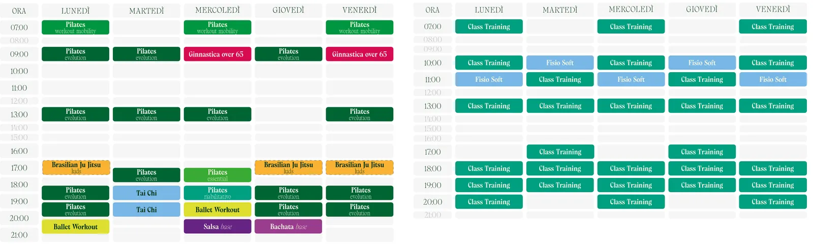 Calendario overview dei corsi Basesana